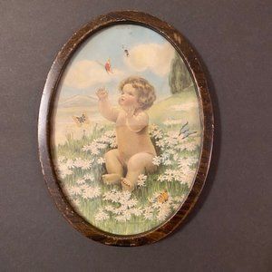 Antique Print 1920s Butterflies and Daisies Bessie Pease Gutman Metal Frame